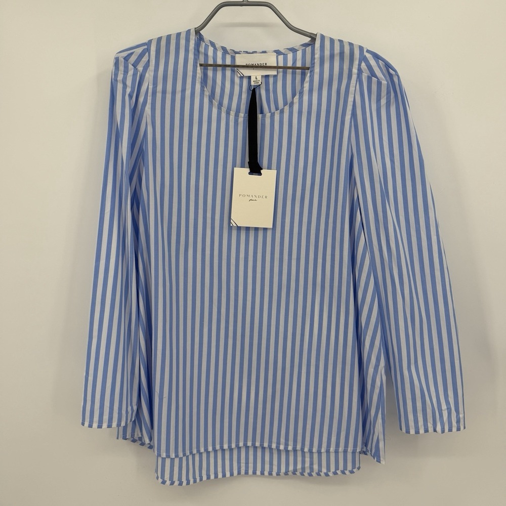 Pomander Place by Tuckernuck Blue Striped Bedford Top size L Puff Sleeve Blouse